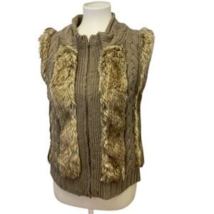 New Lost For Her Medium Faux Fur Sleeveless Full Zip Cardigan Brown Sweater Vest